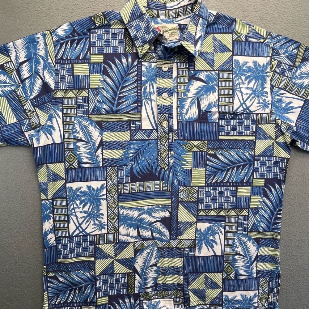 VTG Hilo Hattie Men Hawaiian Shirt Cotton Blue Geometric Palm Print Med Tropical